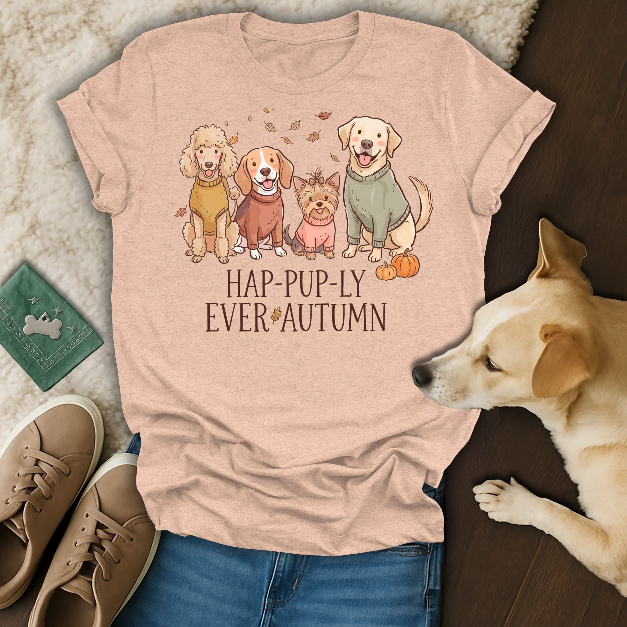 T-shirt with four dogs and text "HAP-PUP-LY EVER AUTUMN".