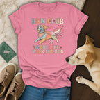 Pink t-shirt with "RUN CLUB MORE LIKE WALK THE DOG" text and a colorful dog graphic.