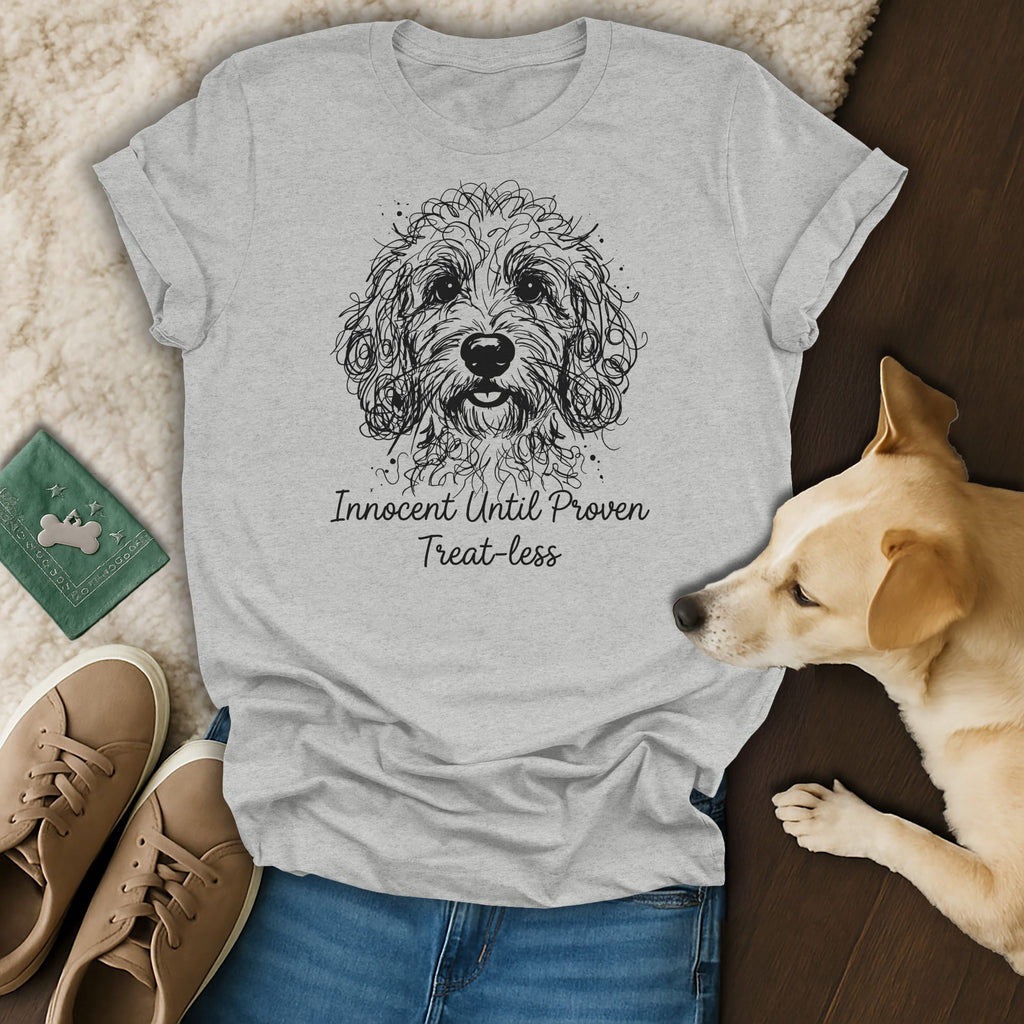 Light gray t-shirt with a sketch of a doodle dog and text "Innocent Until Proven Treat-less".