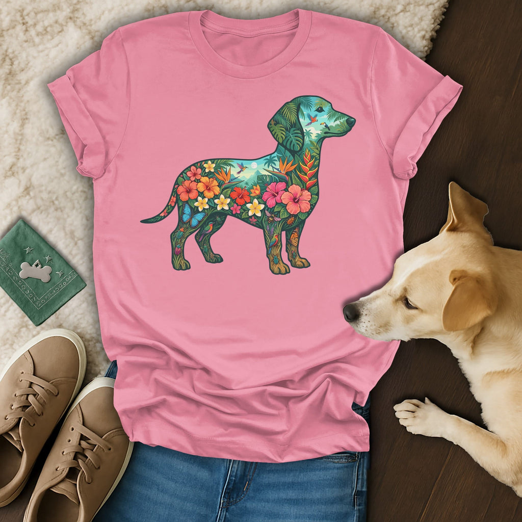 Pink t-shirt featuring a dachshund silhouette filled with tropical flowers and butterflies.