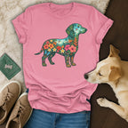 Pink t-shirt featuring a dachshund silhouette filled with tropical flowers and butterflies.