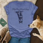 Blue t-shirt with husky hanging upside down, "Flip Flop Won't Stop."