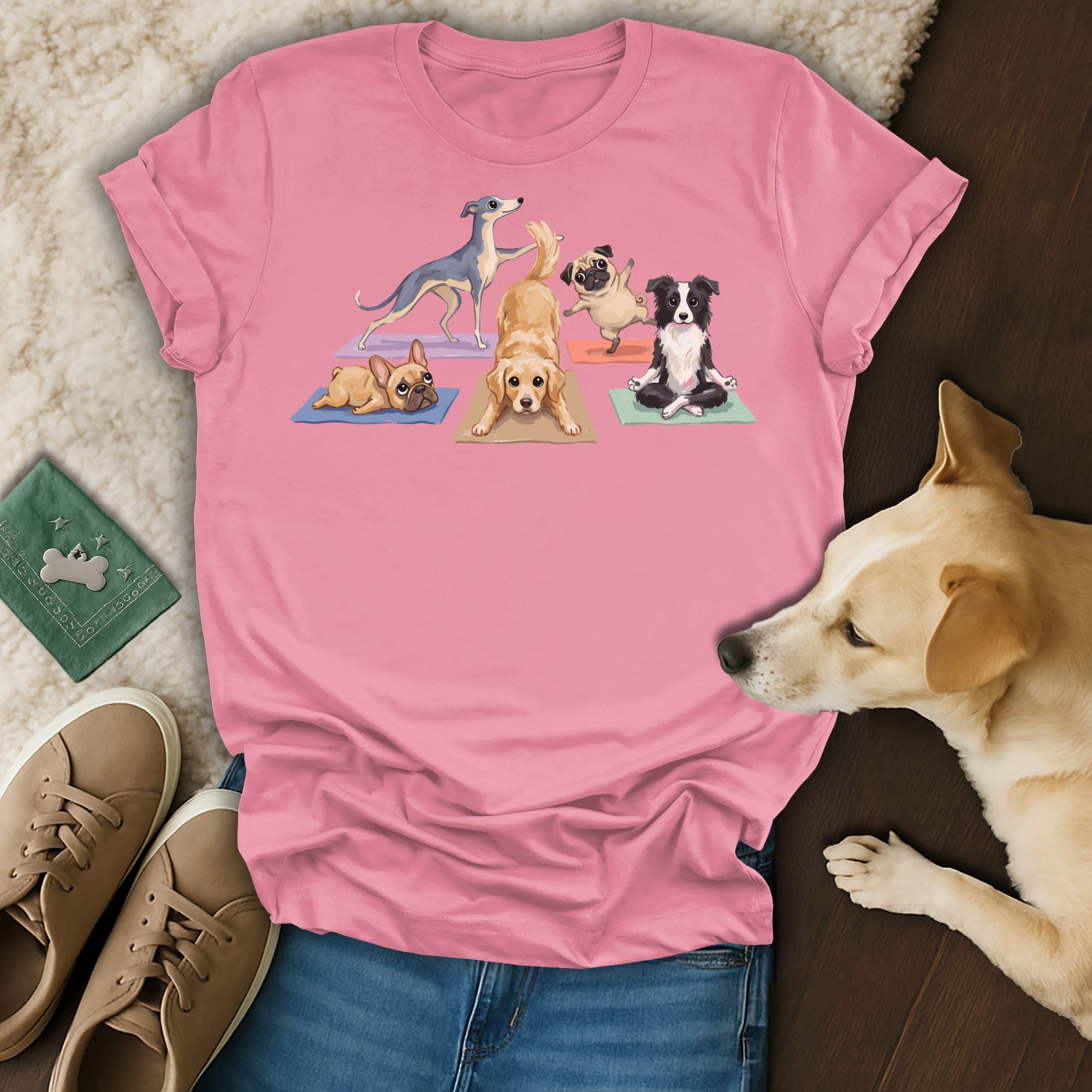 Dogs in yoga poses on a pink t-shirt.