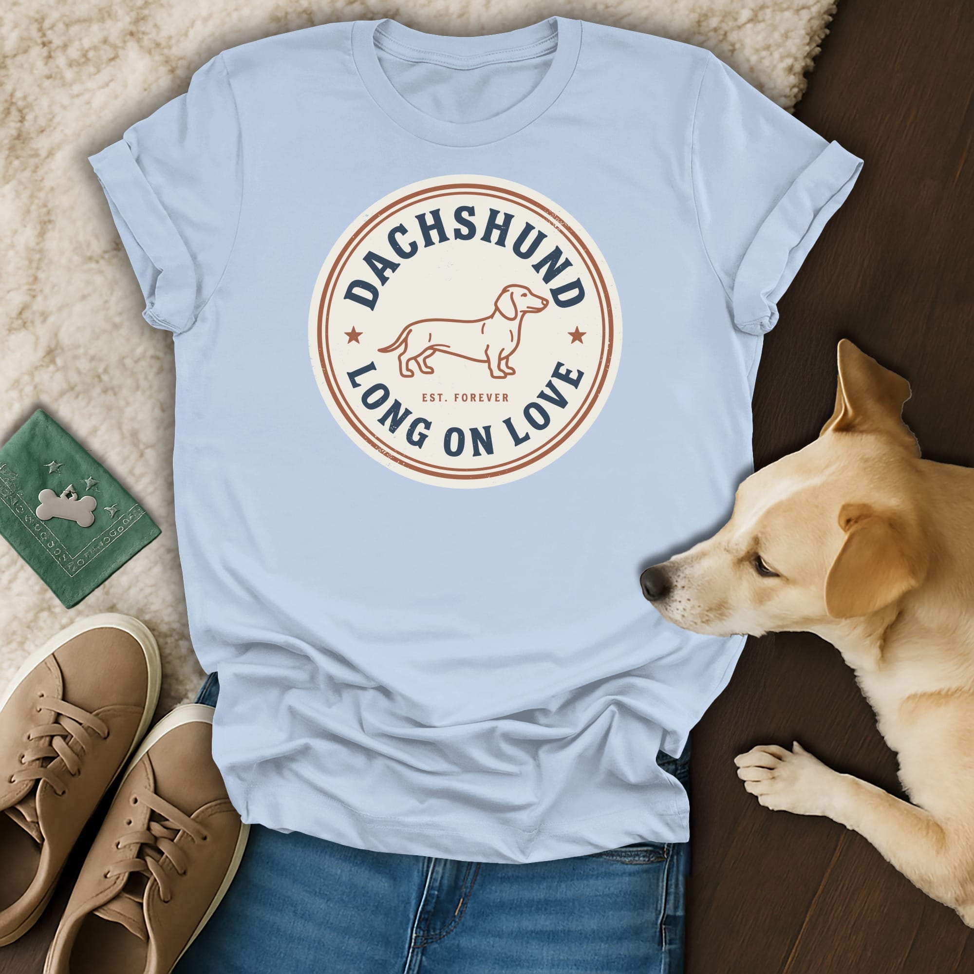 Light blue t-shirt with "Dachshund Long On Love" and dog graphic.