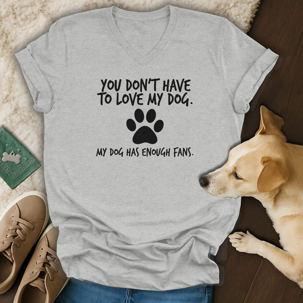 Light grey v-neck t-shirt with dog-themed text and paw print.