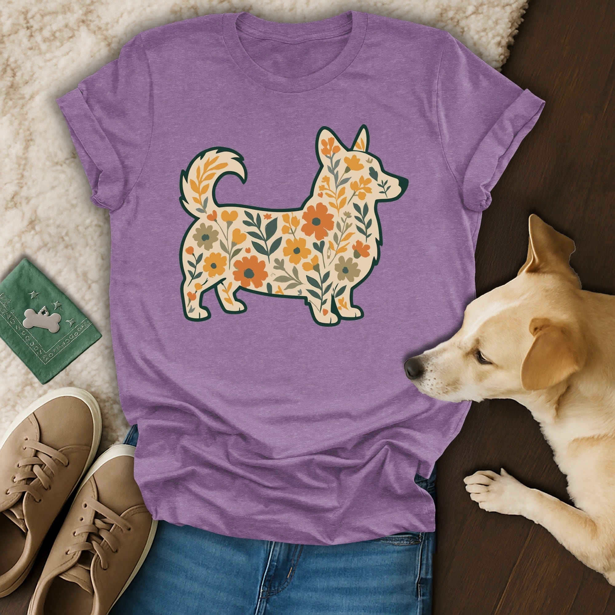 Purple T-Shirt with Floral Dog Illustration Shirt
