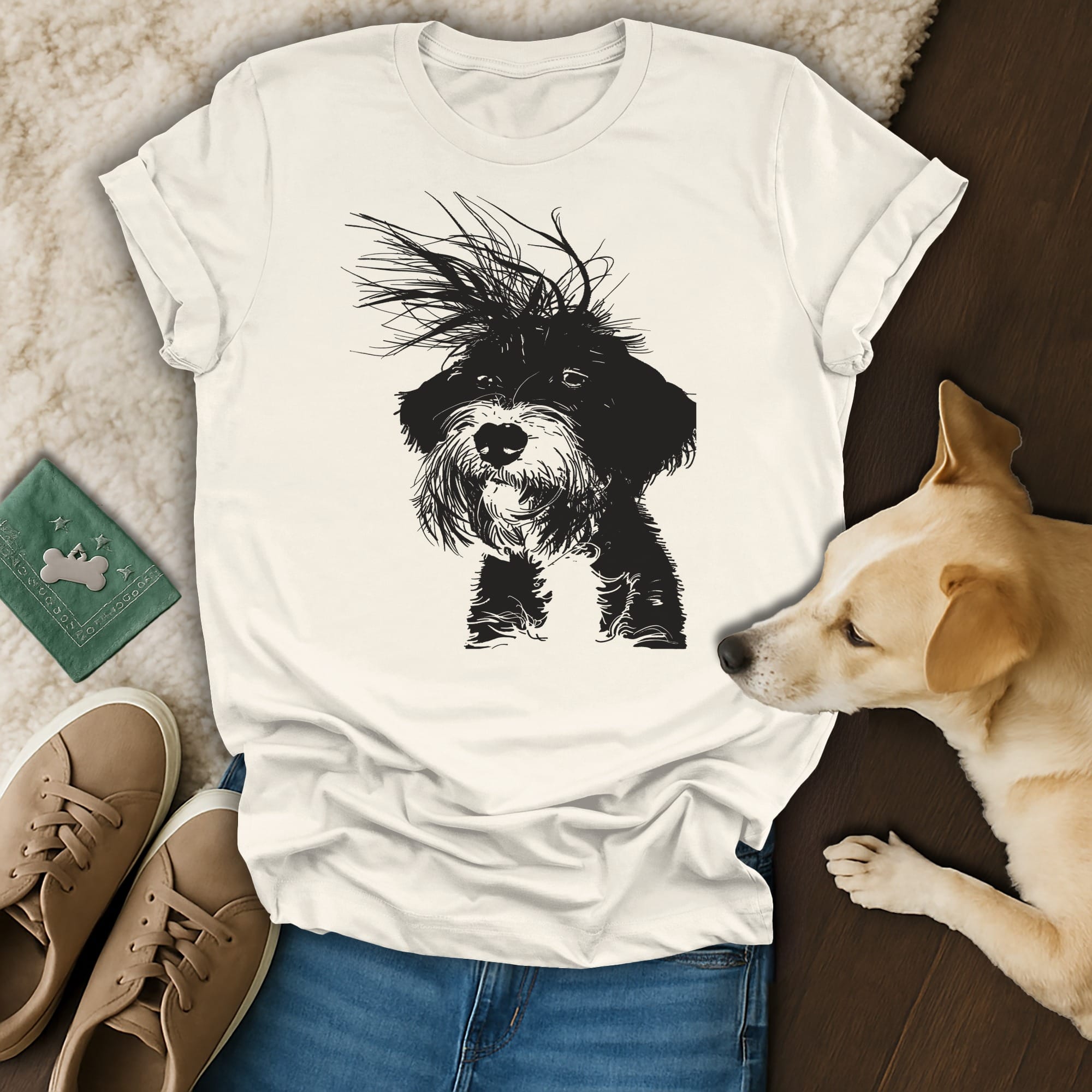 White t-shirt with black illustration of a scruffy terrier dog.