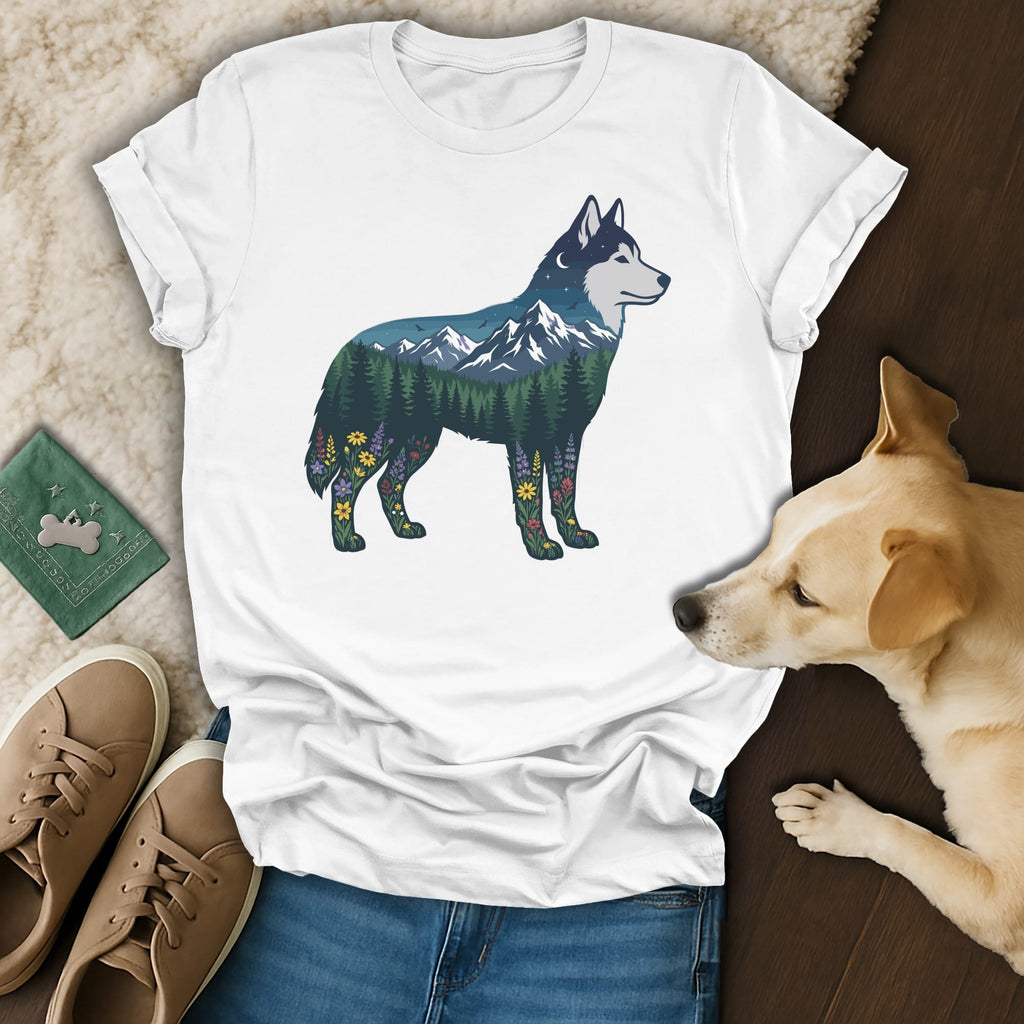 White t-shirt with husky silhouette filled with forest, mountains, and flowers.
