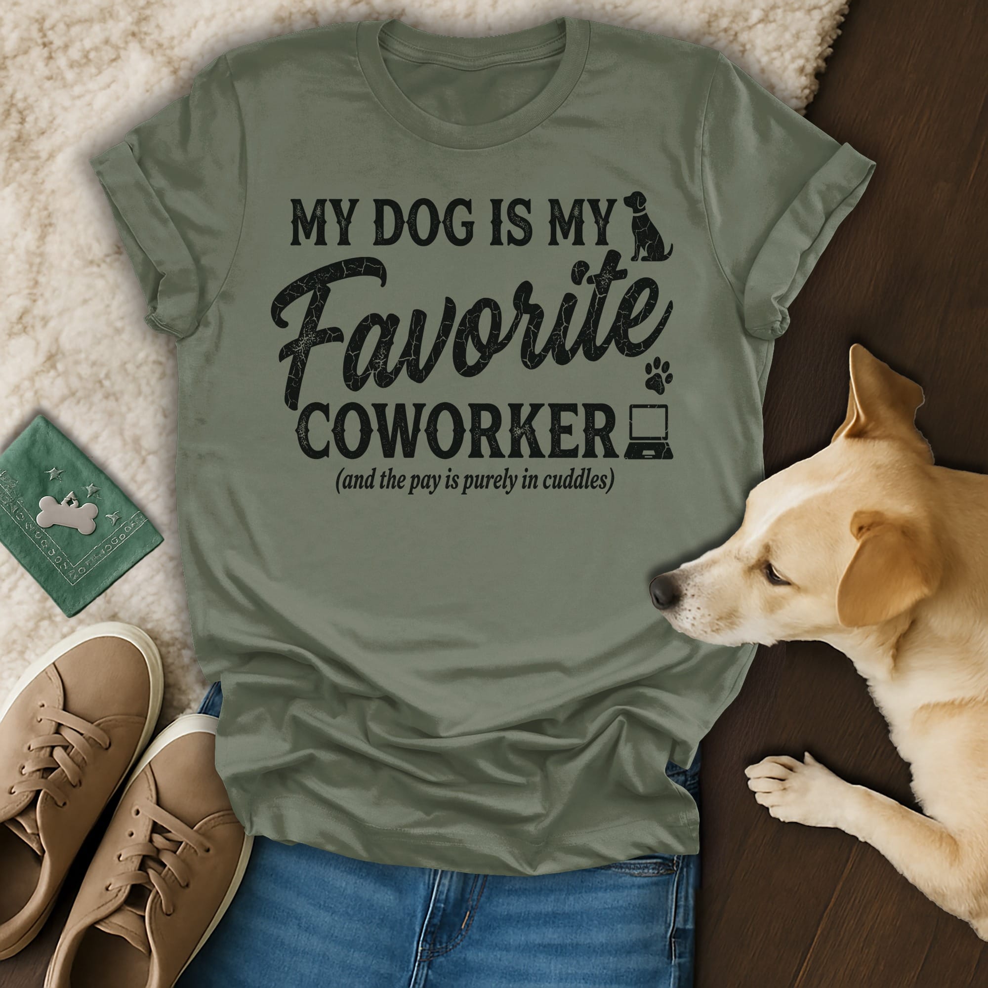 T-shirt with "My Dog is My Favorite Coworker" text and a dog.