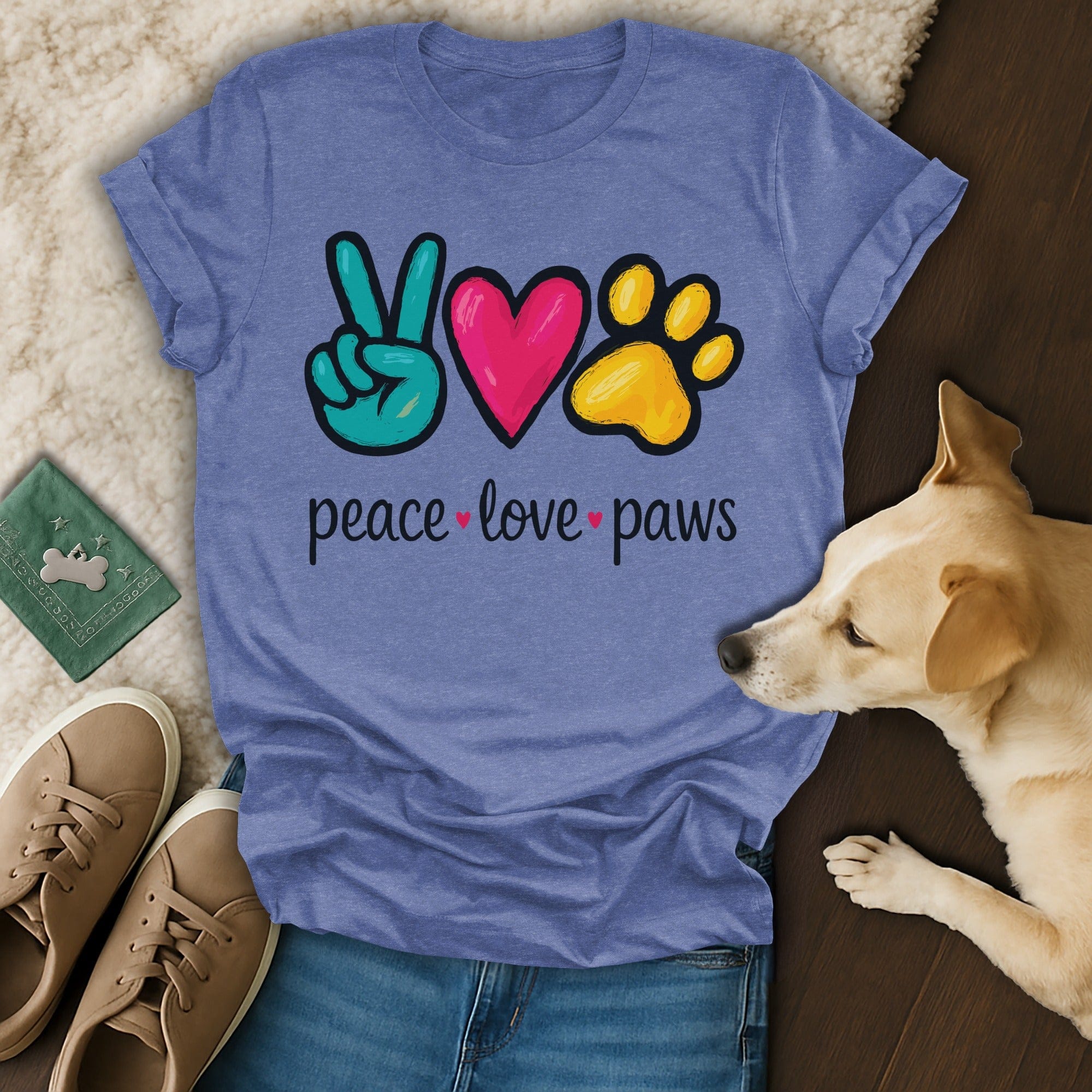 Peace Love Paws Design Graphic Crewneck product type
peace, love, paws, dog, pet, animal, graphic tee, tshirt, apparel, dog lover, pet lover, animal lover, cute design, blue, paw print, heart design, peace sign, clothing, canine, casual top