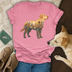 Golden Retriever silhouette filled with sunflowers, lavender, and butterflies on a pink t-shirt.