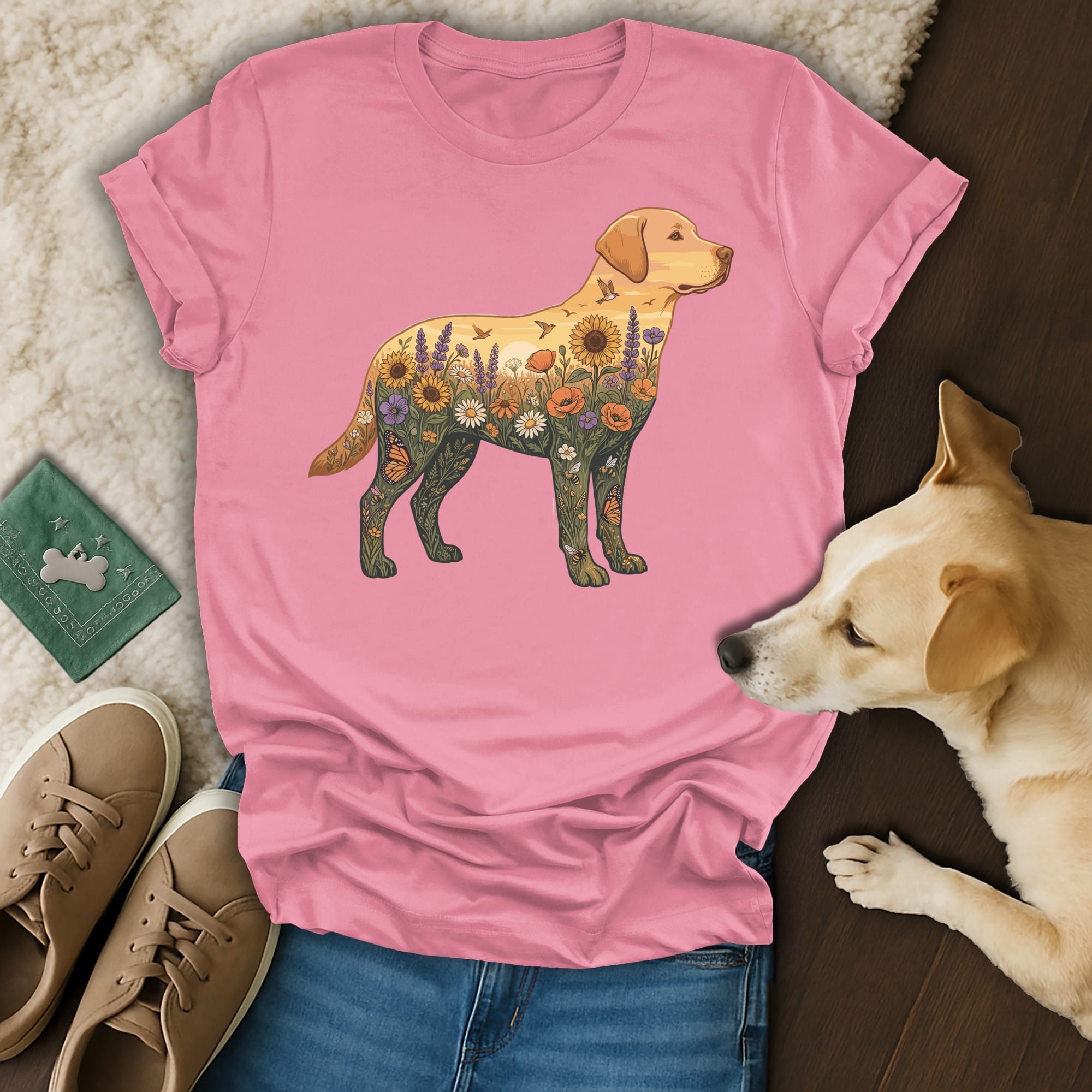 Golden Retriever silhouette filled with sunflowers, lavender, and butterflies on a pink t-shirt.