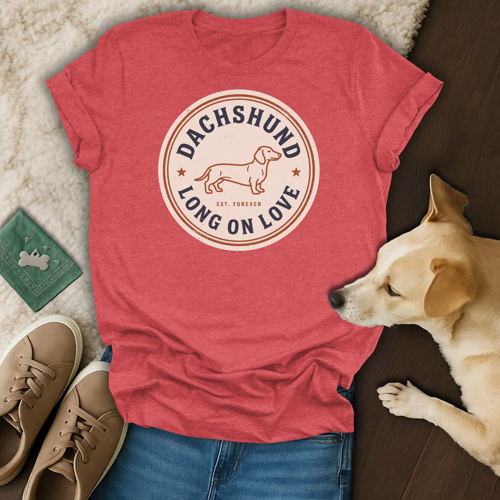 Red t-shirt with dachshund graphic that reads "Dachshund Long On Love".