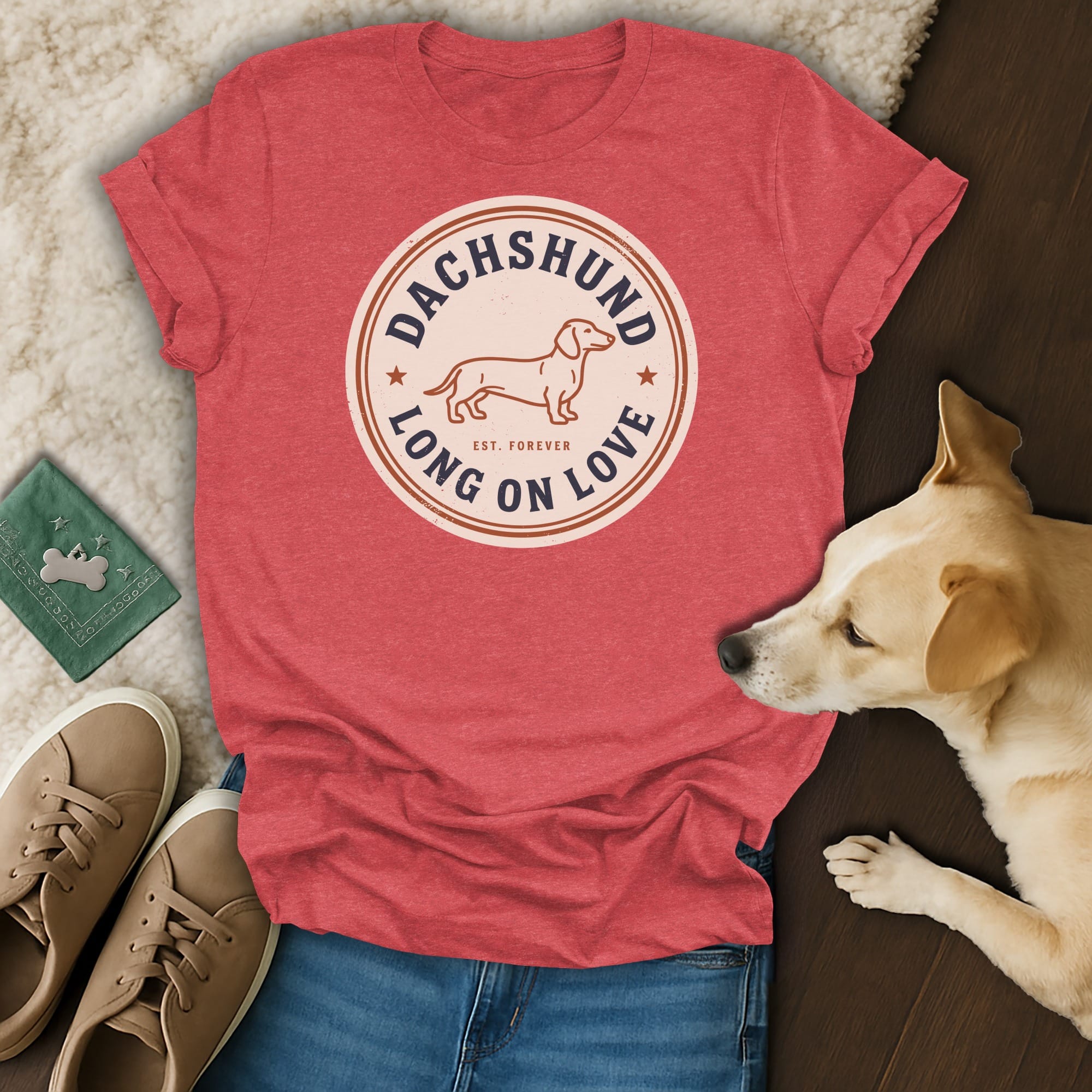 Red t-shirt with dachshund graphic that reads "Dachshund Long On Love".