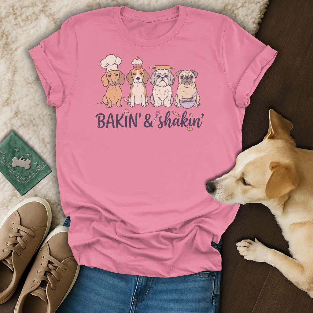 Pink t-shirt with dogs wearing baking accessories and text "BAKIN' & shakin'".