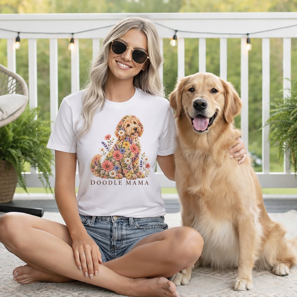 A woman wearing sunglasses and a white t-shirt featuring a floral doodle graphic sits next to a golden retriever.