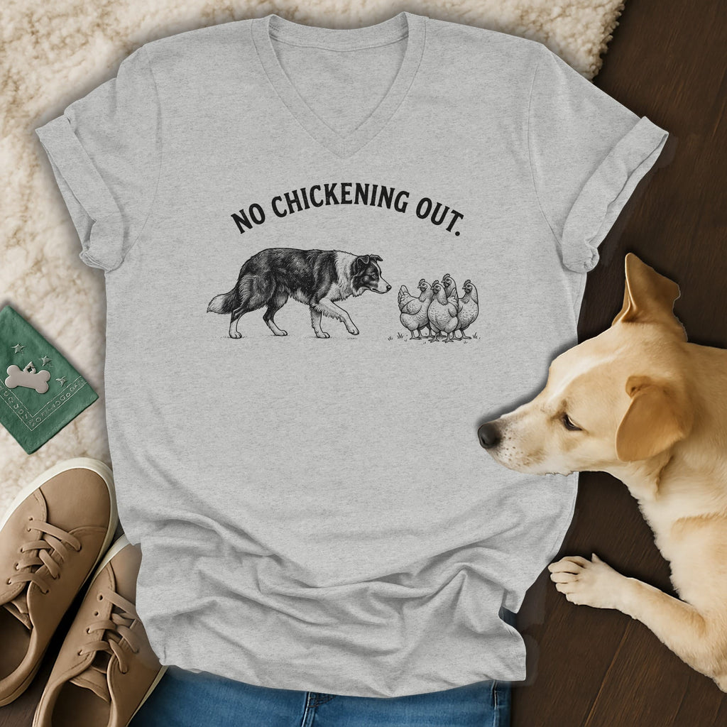 Grey v-neck t-shirt with a drawing of a dog and chickens, text "NO CHICKENING OUT."