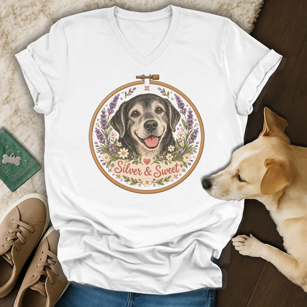 A white V-neck t-shirt featuring an embroidered hoop graphic with a black dog and the text Silver and Sweet.