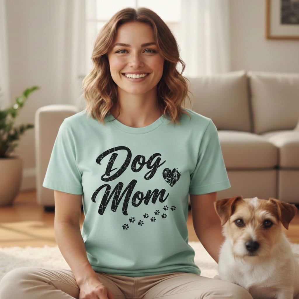 Woman wearing a light teal t-shirt with "Dog Mom" and paw prints.