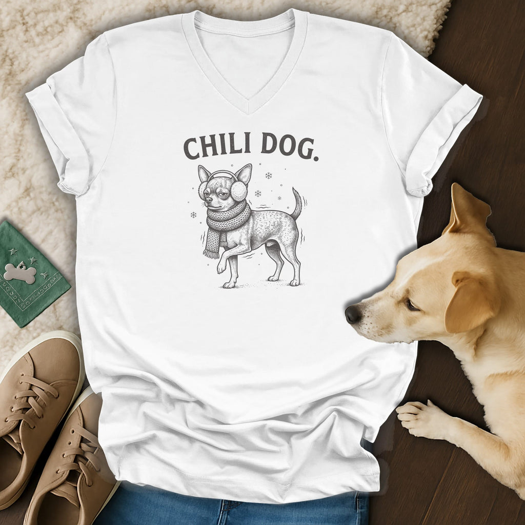 White t-shirt with "CHILI DOG." text and sketch of dog in scarf and earmuffs.