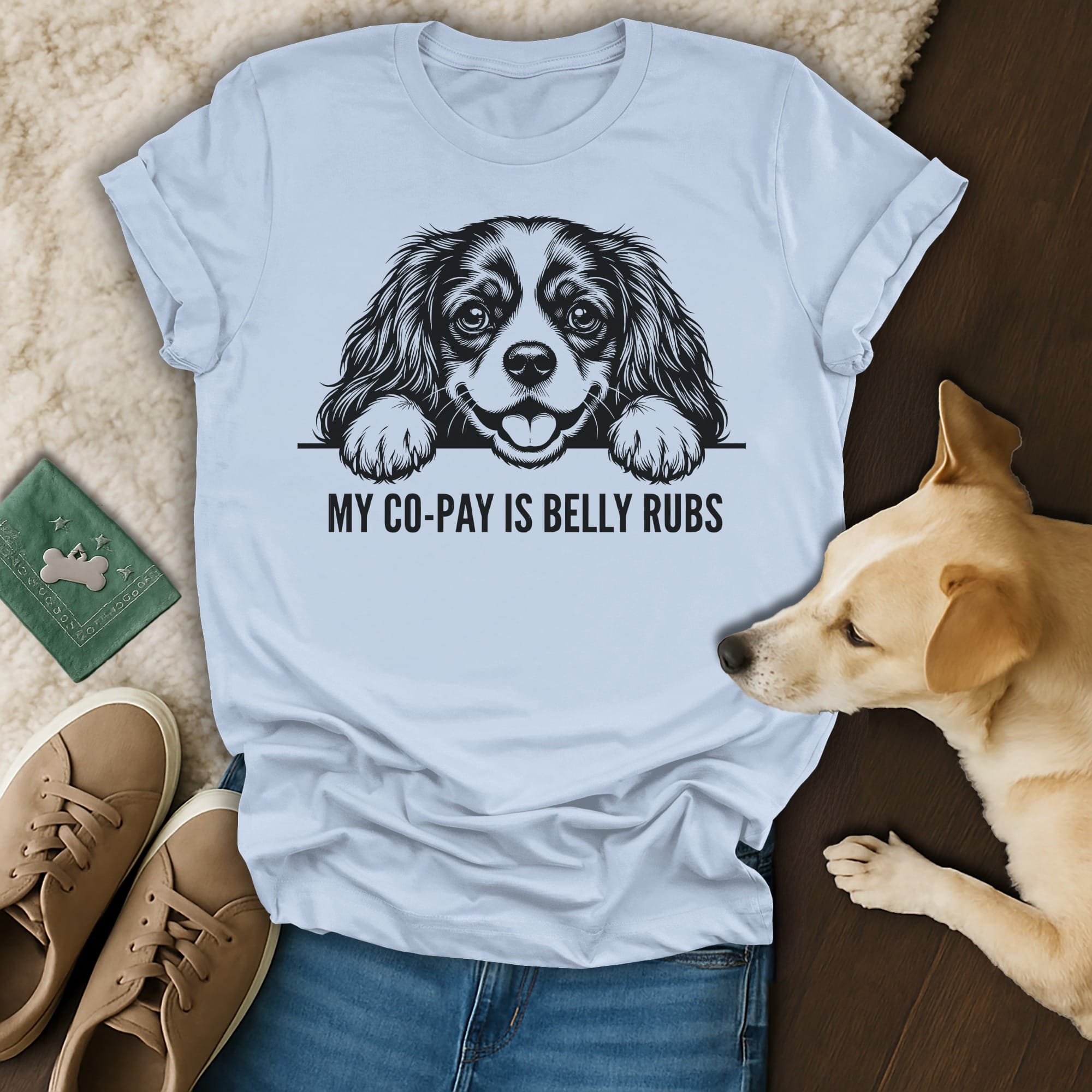 Light blue t-shirt with a dog's face and "MY CO-PAY IS BELLY RUBS" text.