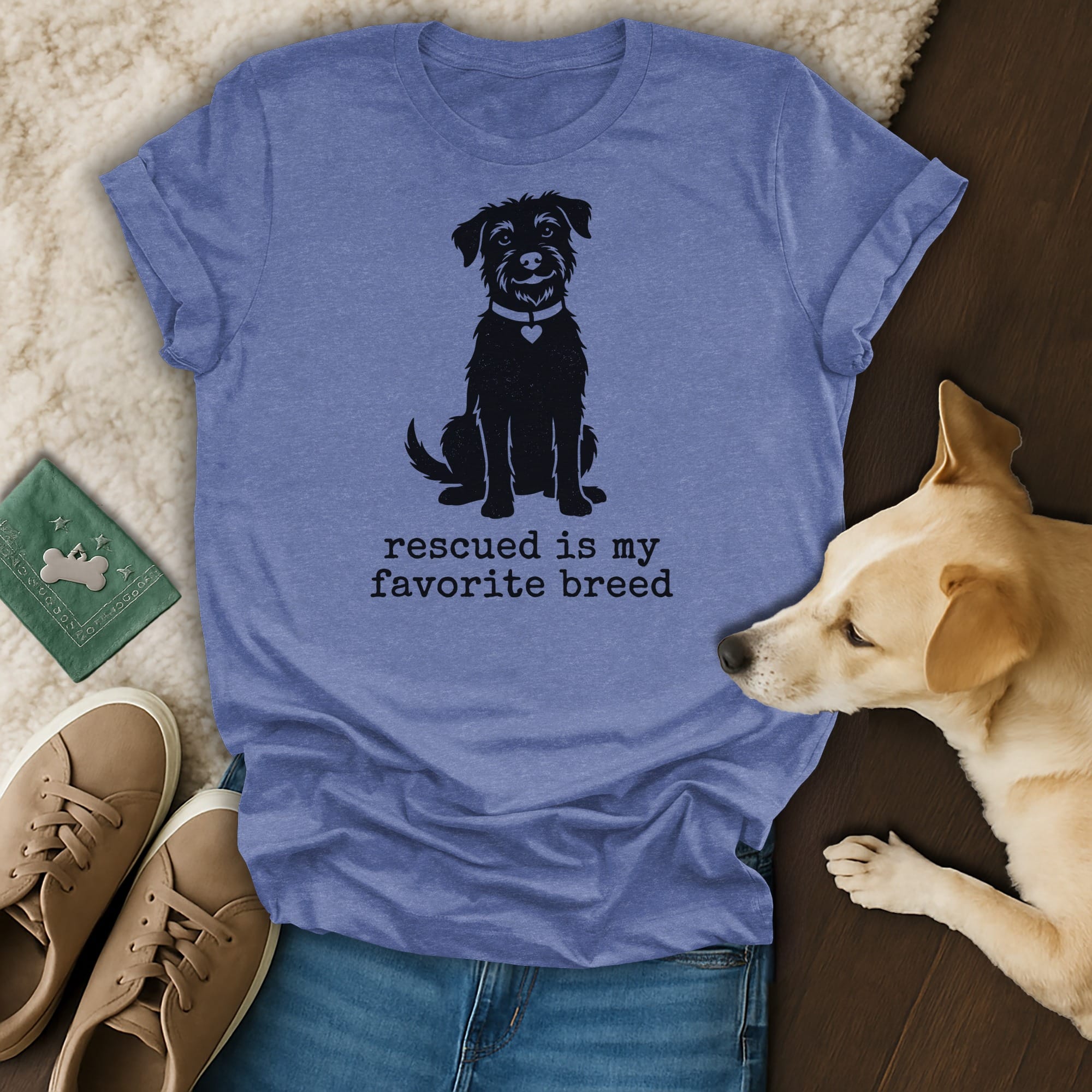 T-shirt with a black dog silhouette and "Rescued is my favorite breed" text.