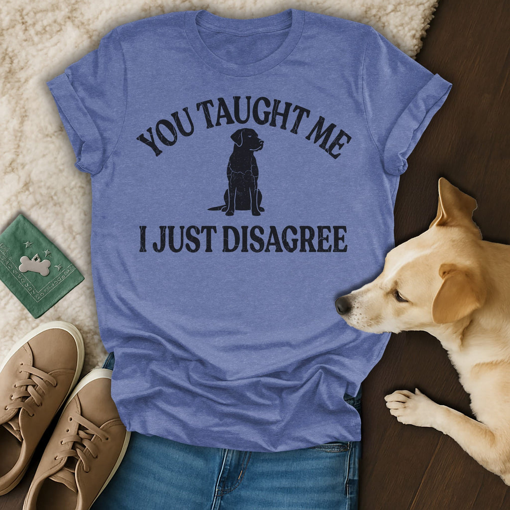 Blue t-shirt with black text and a dog silhouette.
