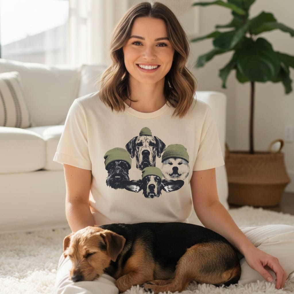 Cream t-shirt with a graphic of four dogs wearing hats.