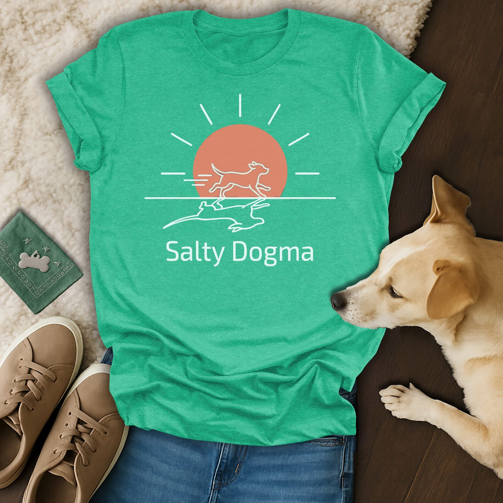 Teal t-shirt with "Salty Dogma" and running dog silhouette graphic.