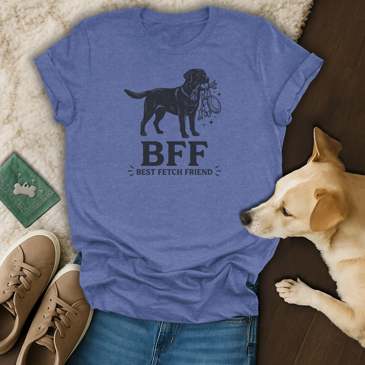 T-shirt with black dog graphic holding toys and text "BFF Best Fetch Friend".