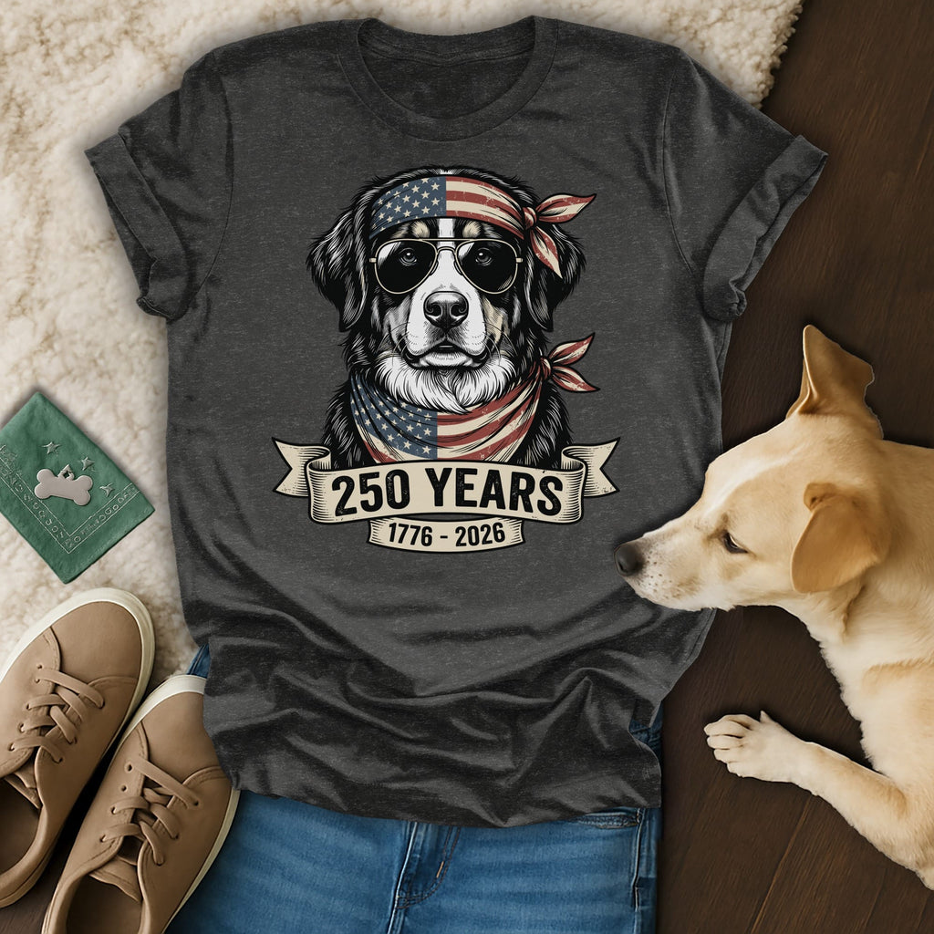 Dark t-shirt with dog wearing sunglasses and bandana, "250 Years 1776 - 2026" banner.