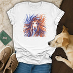 White t-shirt with a stylized illustration of an Afghan Hound's head.