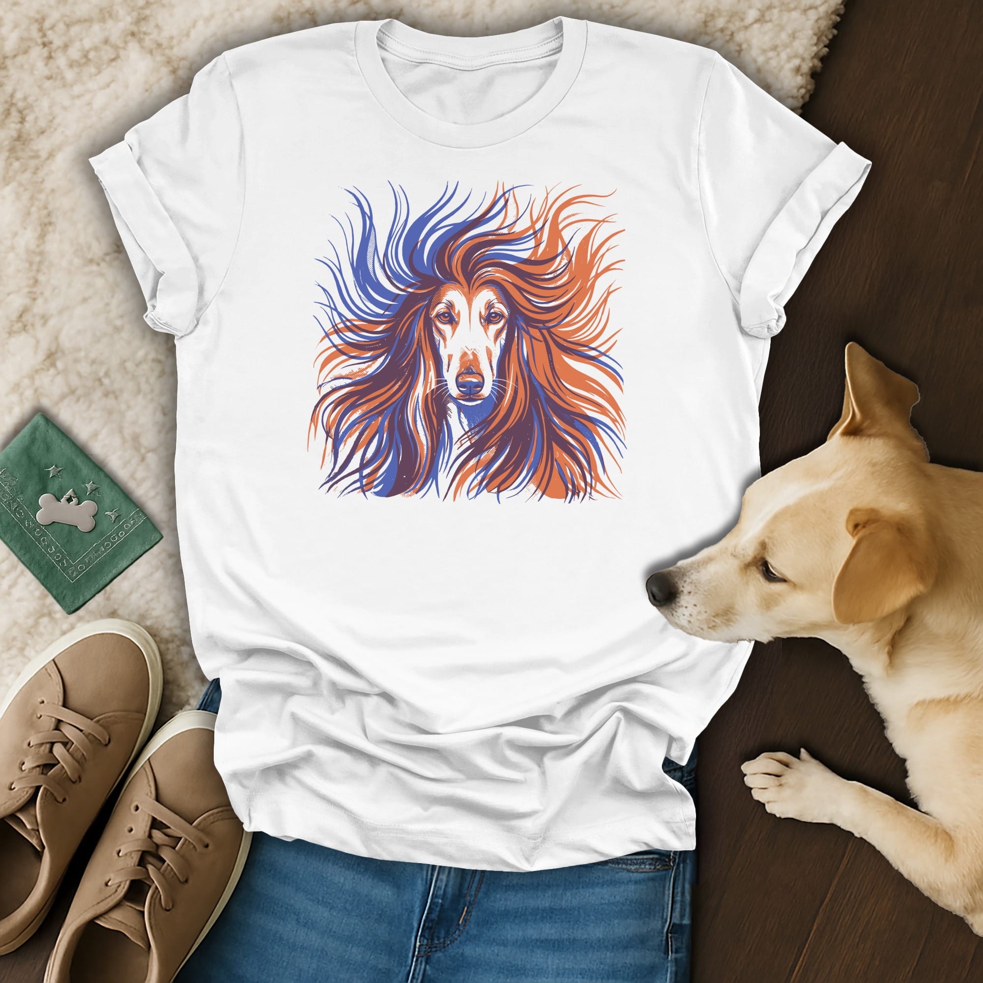 White t-shirt with a stylized illustration of an Afghan Hound's head.