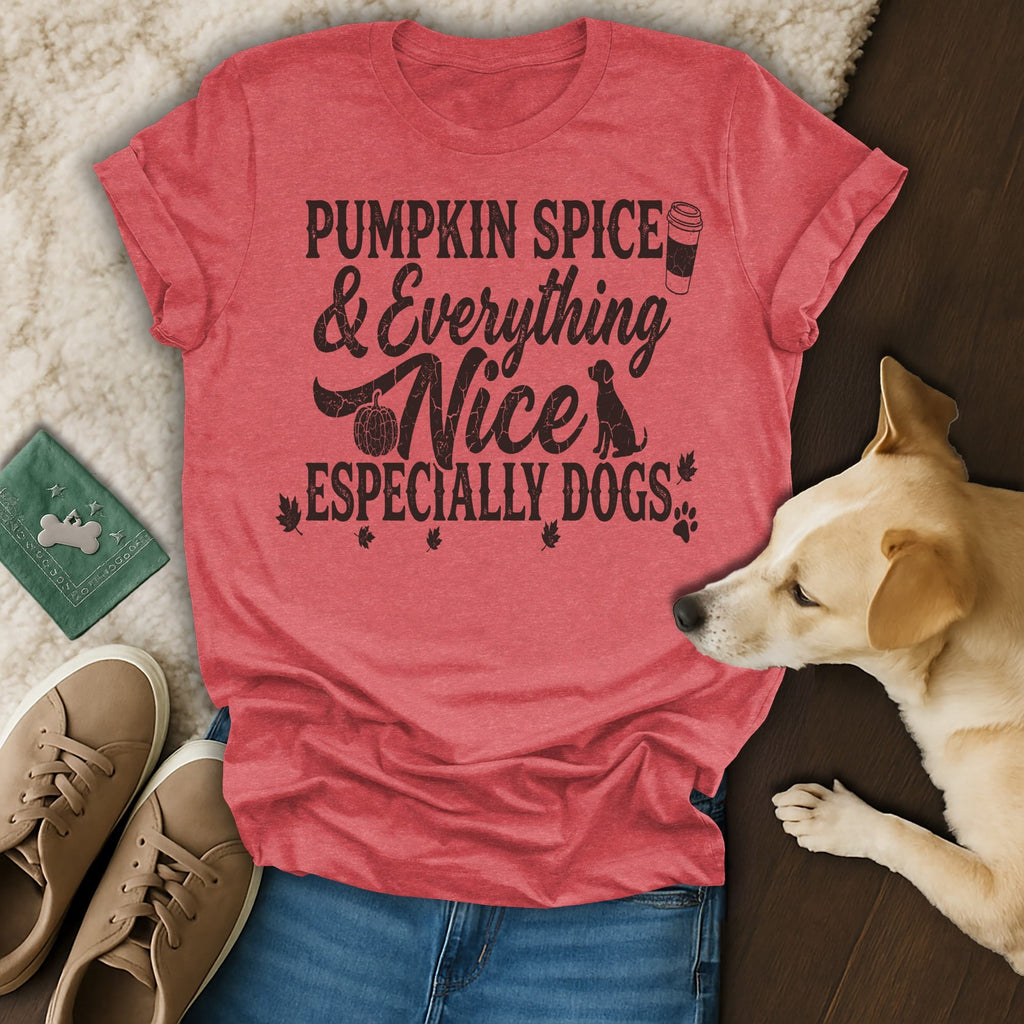 "Pumpkin Spice & Everything Nice Especially Dogs" text on a heather red t-shirt.