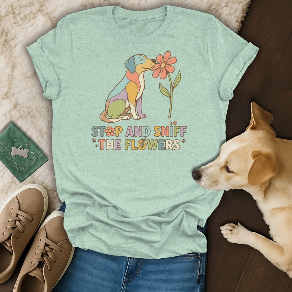 Light teal t-shirt with a colorful dog smelling a flower and text "Stop and sniff the flowers".
