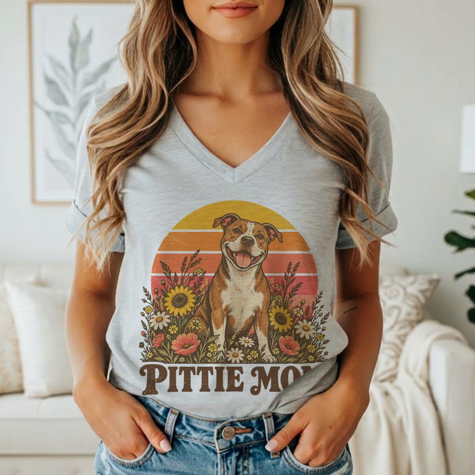 A person wearing a grey V-neck t-shirt featuring a graphic of a pit bull surrounded by flowers, a sunset background, and the text Pittie Mom.