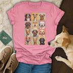 T-shirt featuring a 3x4 grid of dog portraits in vintage comic style.