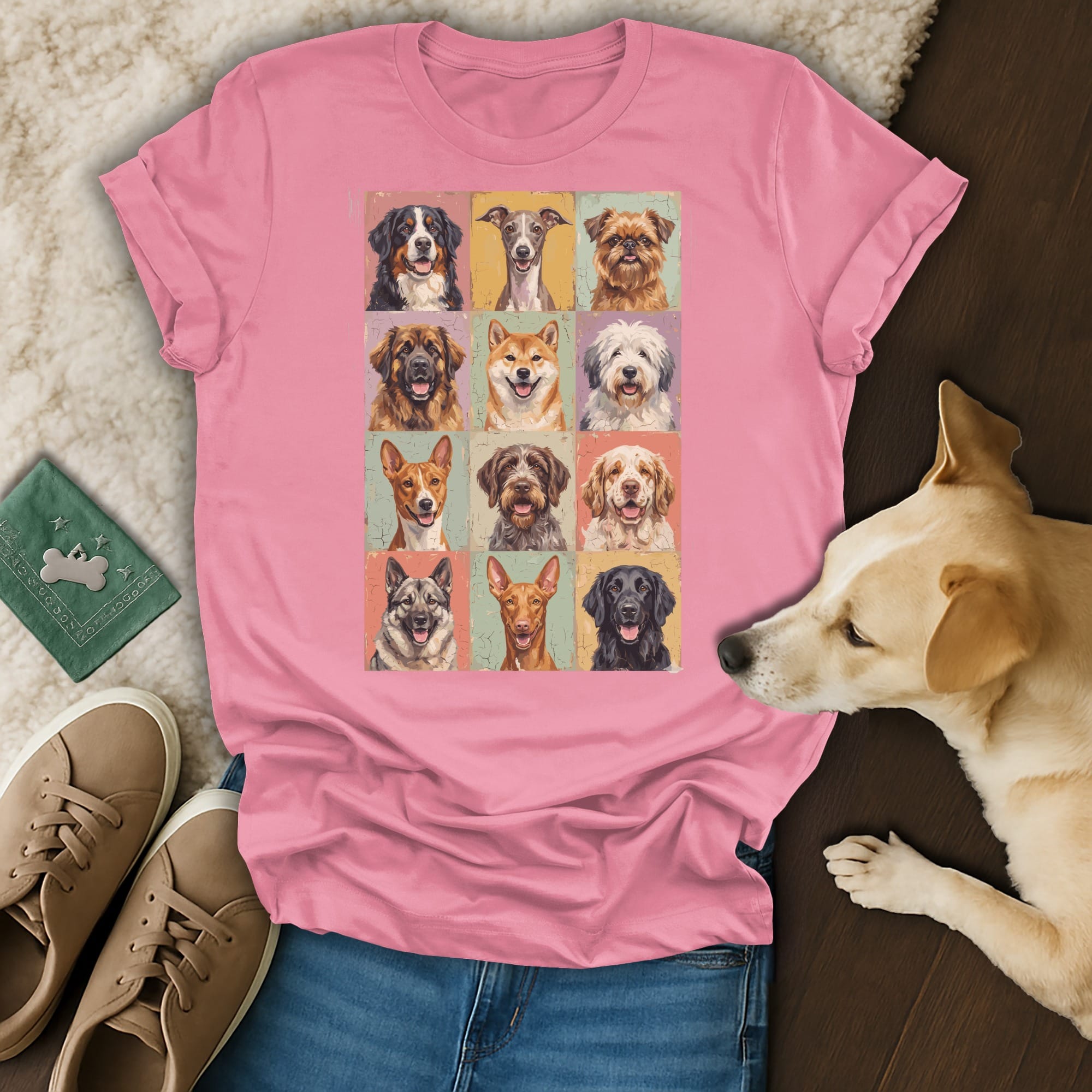 T-shirt featuring a 3x4 grid of dog portraits in vintage comic style.