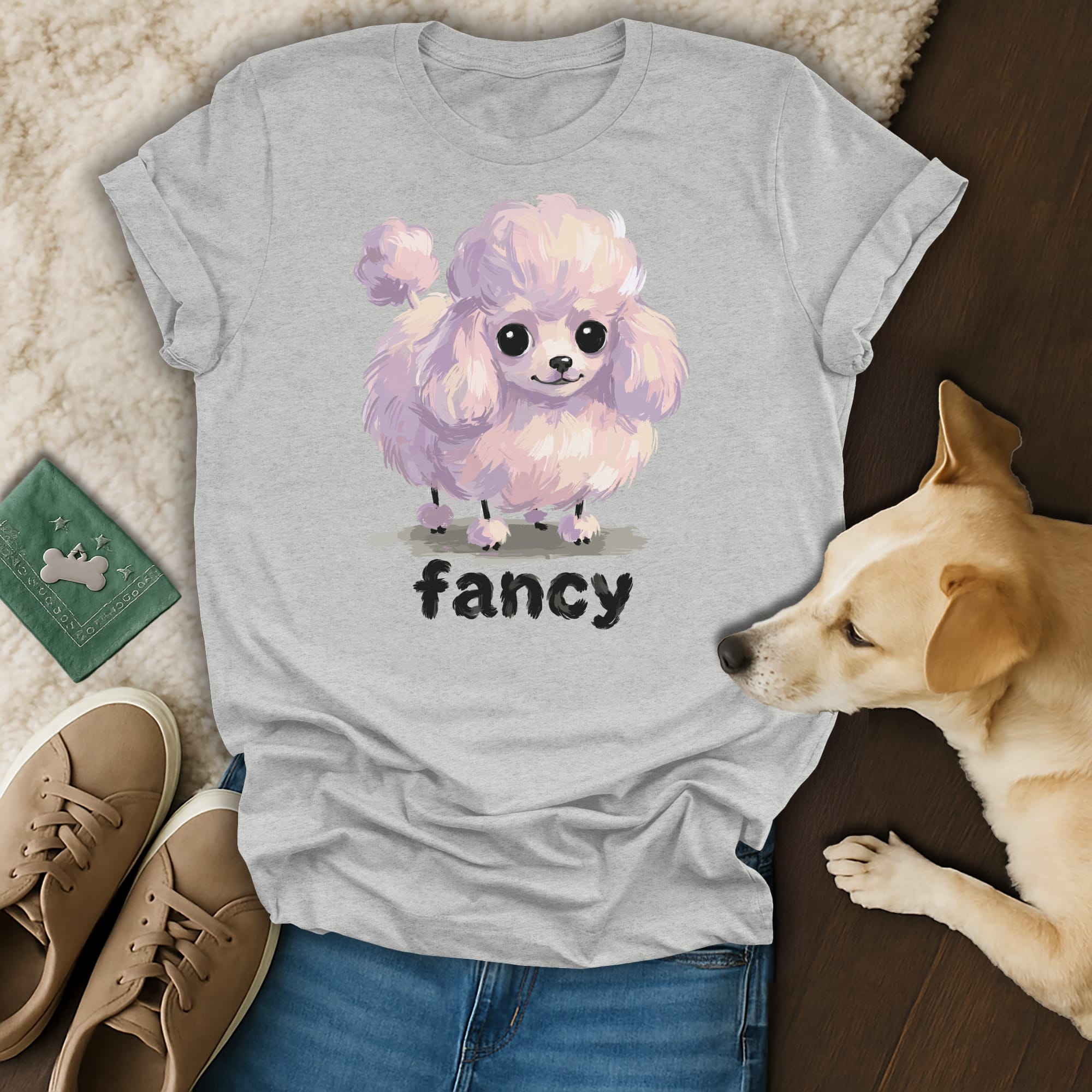 Light gray t-shirt with a cartoon pink poodle and the word "fancy".