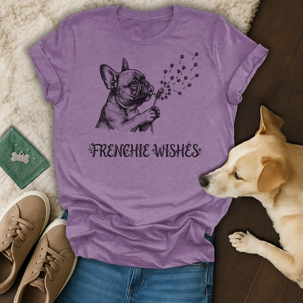 Purple t-shirt with French bulldog blowing dandelion seeds that form paw prints.