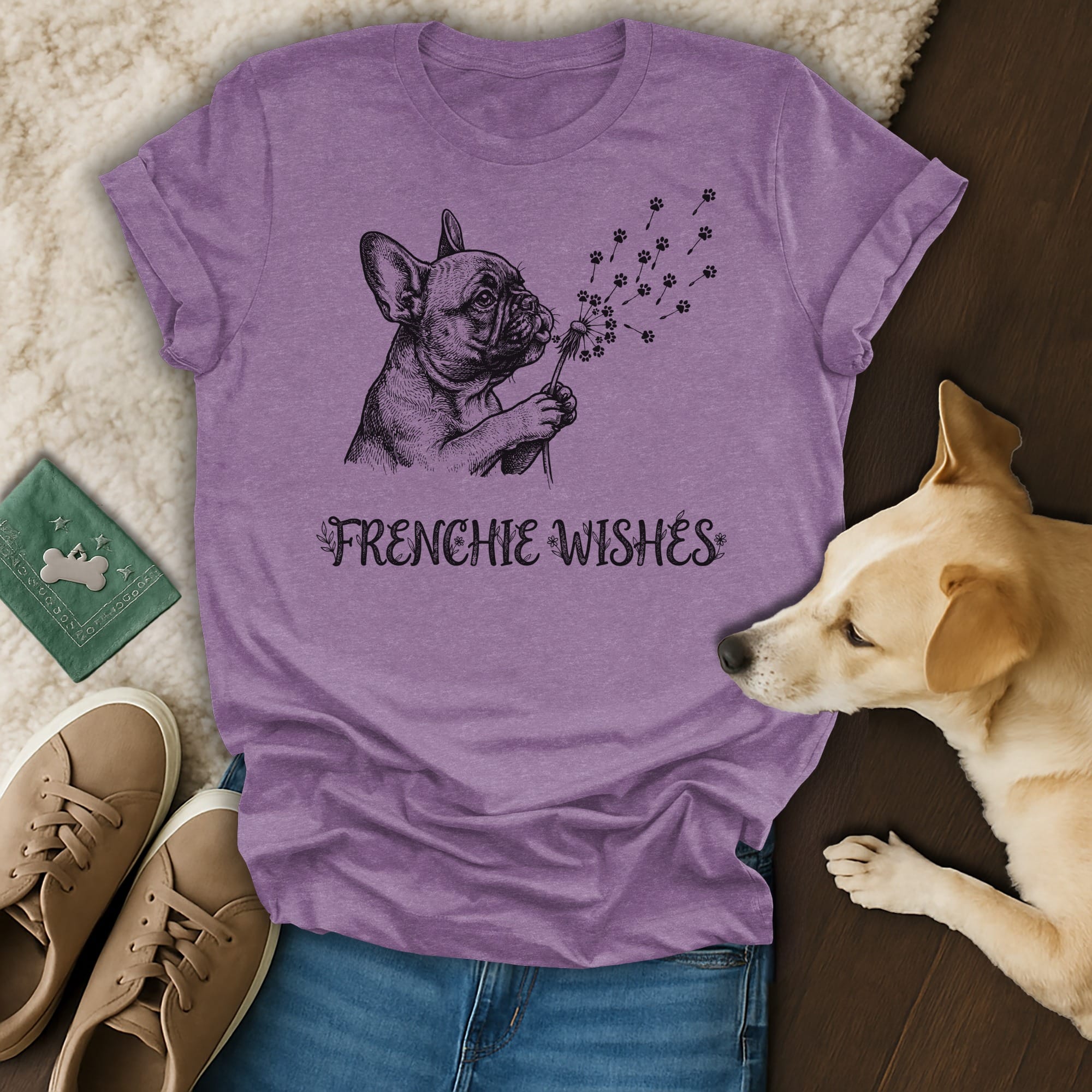 Purple t-shirt with French bulldog blowing dandelion seeds that form paw prints.
