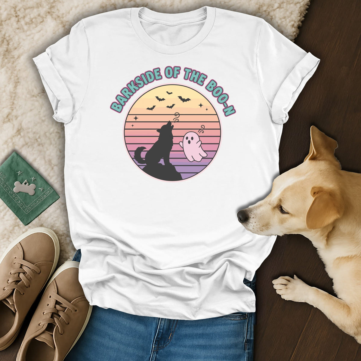 White t-shirt with "Barkside of the Boo-n" text, wolf, and ghost graphic.