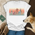 Retro graphic t-shirt with five poodles wearing sunglasses and hats.