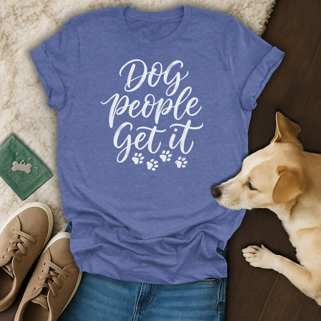 Blue t-shirt with white text "Dog People Get It" and paw prints.