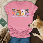 Four dogs in sunglasses hold shopping bags, on a pink t-shirt.