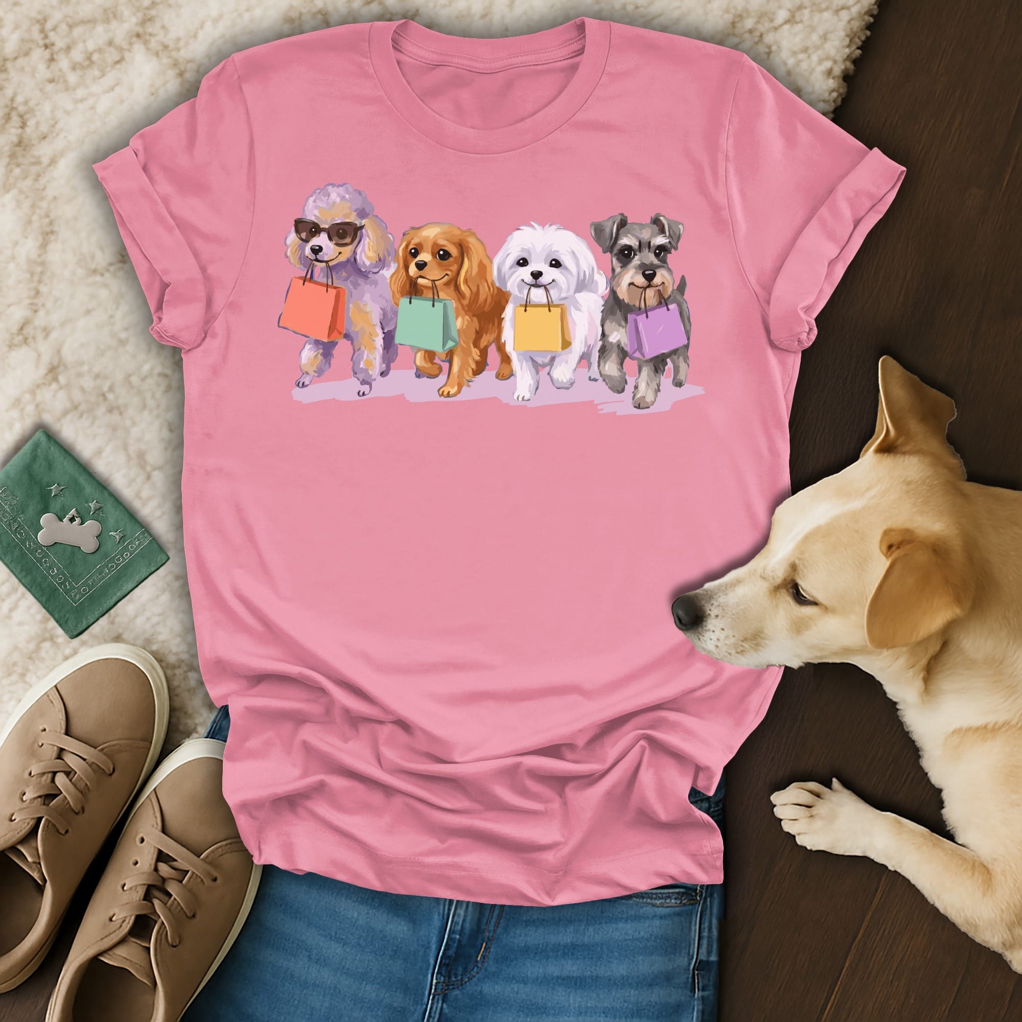 Four dogs in sunglasses hold shopping bags, on a pink t-shirt.