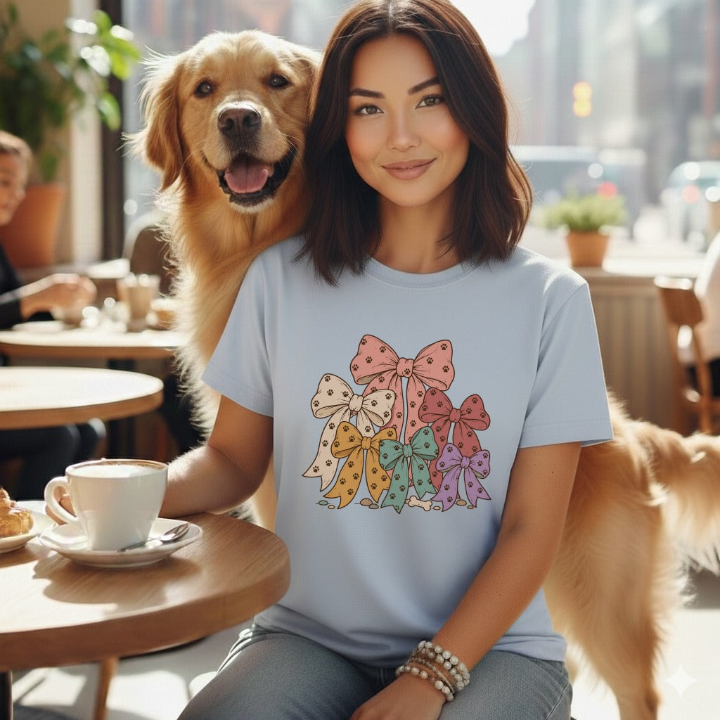 A smiling woman with dark hair wears a light blue t-shirt printed with colorful bows, sitting alongside a golden retriever at a café table.