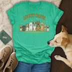 Green t-shirt featuring cartoon dogs and the text "LUCKY PAWS" across the top.