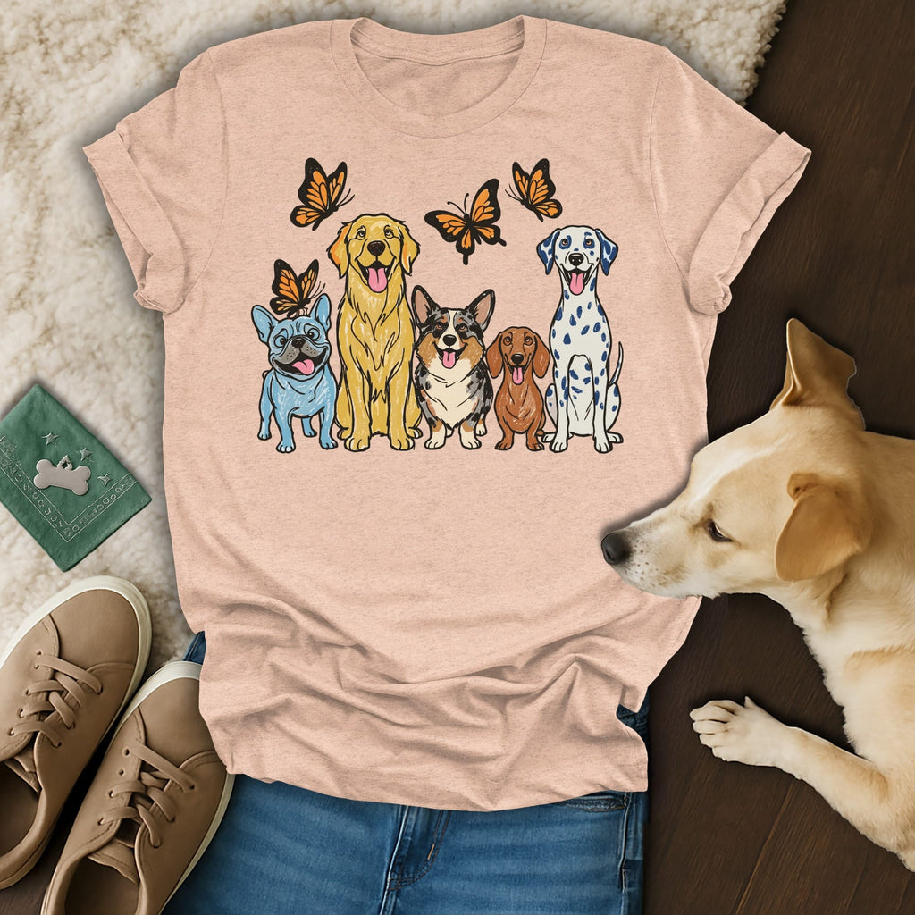 Five dogs in a row, with butterflies above, on a t-shirt.
