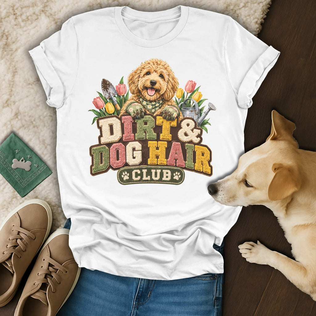 A white t-shirt featuring a cartoon dog and the text Dirt & Dog Hair Club, displayed with shoes and a real dog.